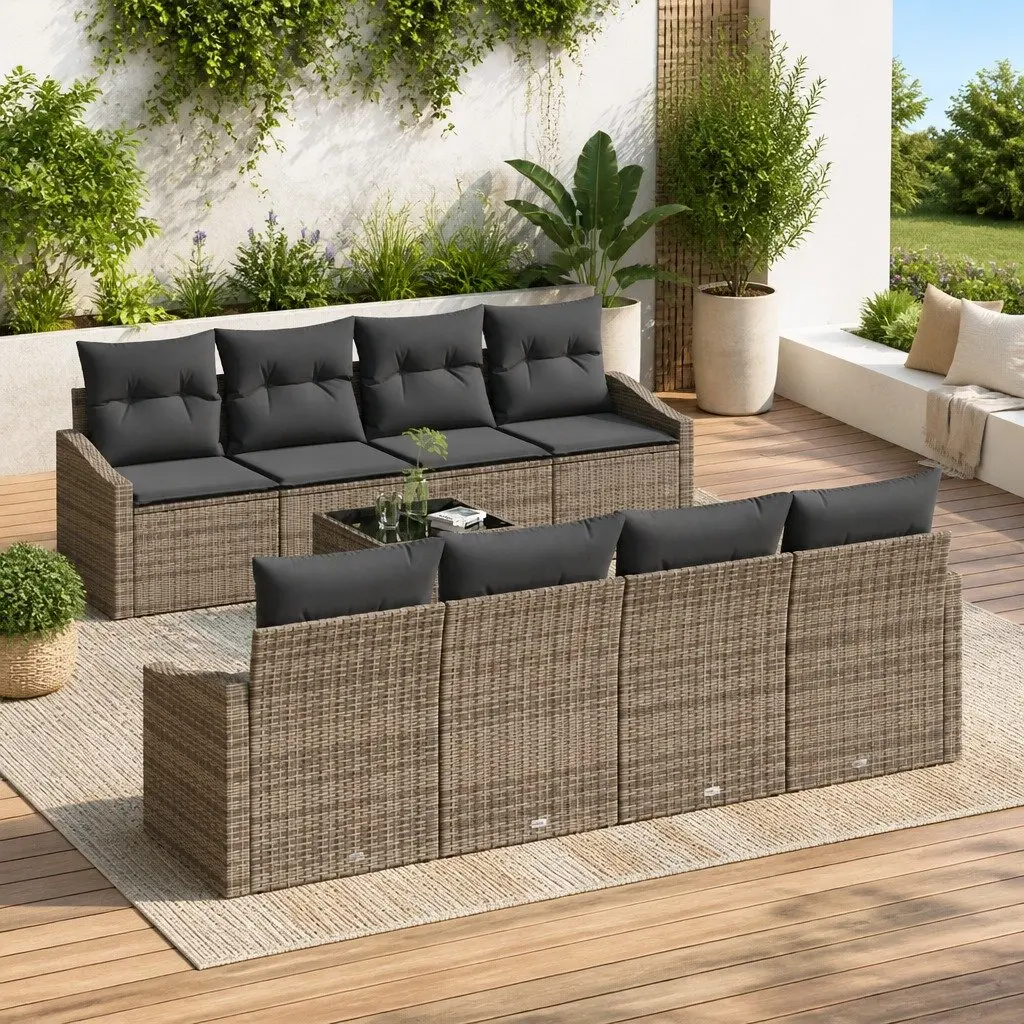 Outdoor Sofa Set Poly Rattan Grey 9 Pieces with Cushions Height Adjustable Table