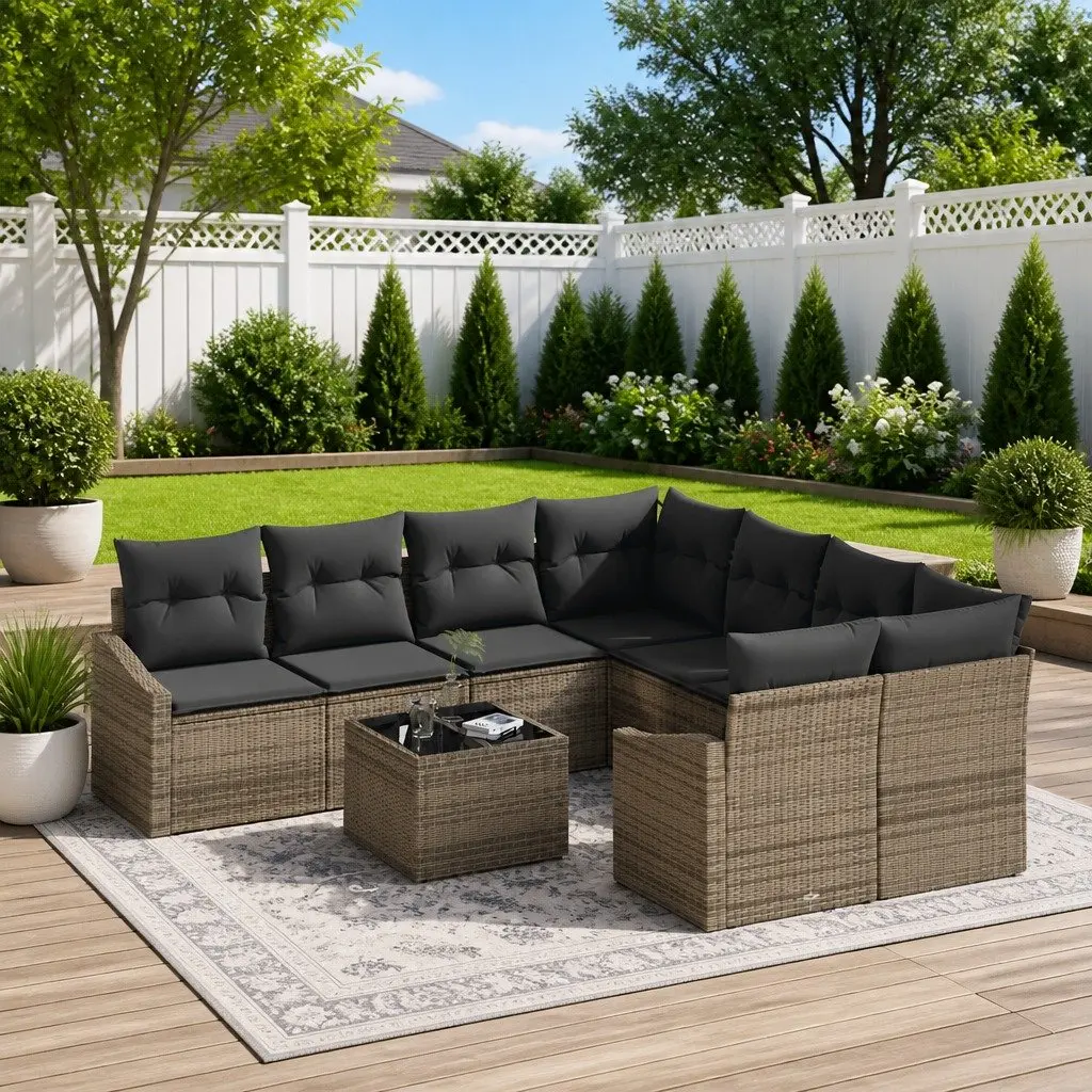9-Piece Grey Poly Rattan Outdoor Sofa Set with Storage