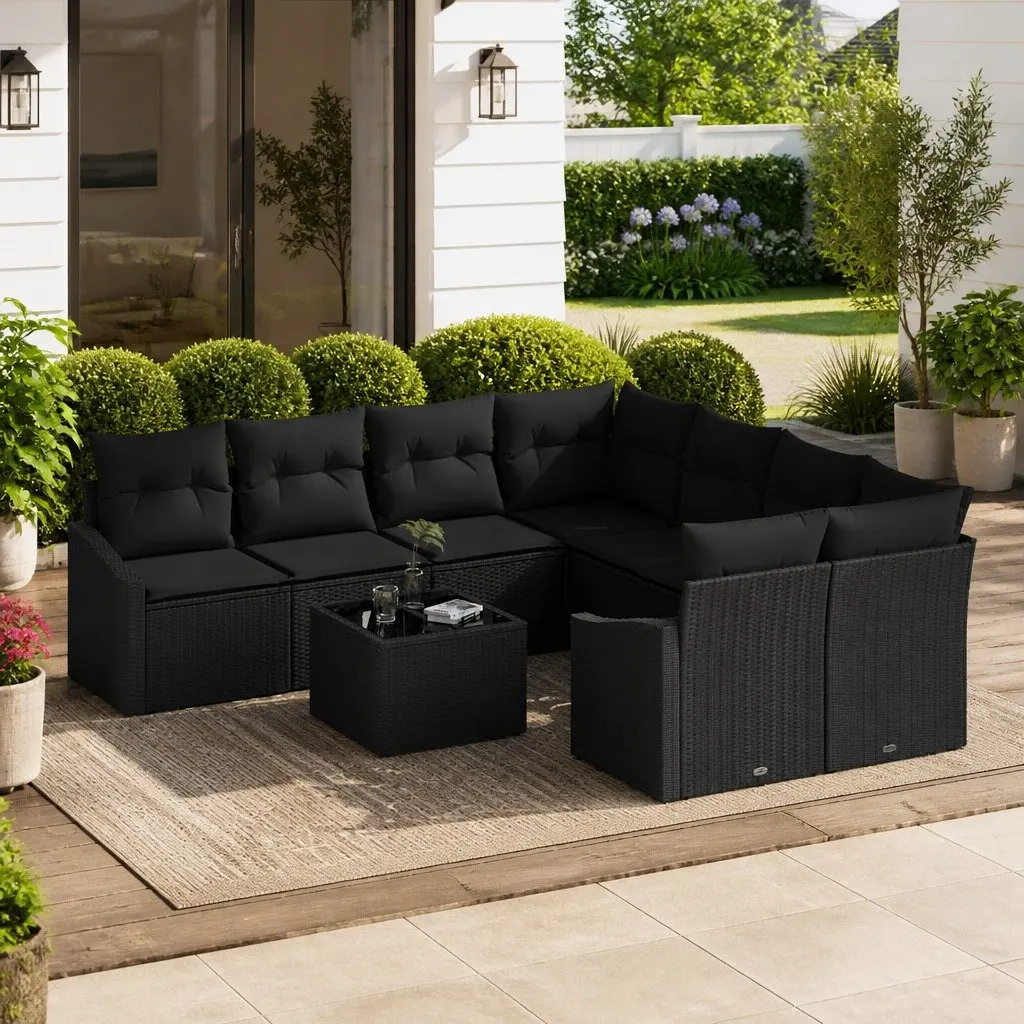 9-Piece Black Poly Rattan Outdoor Sofa Set