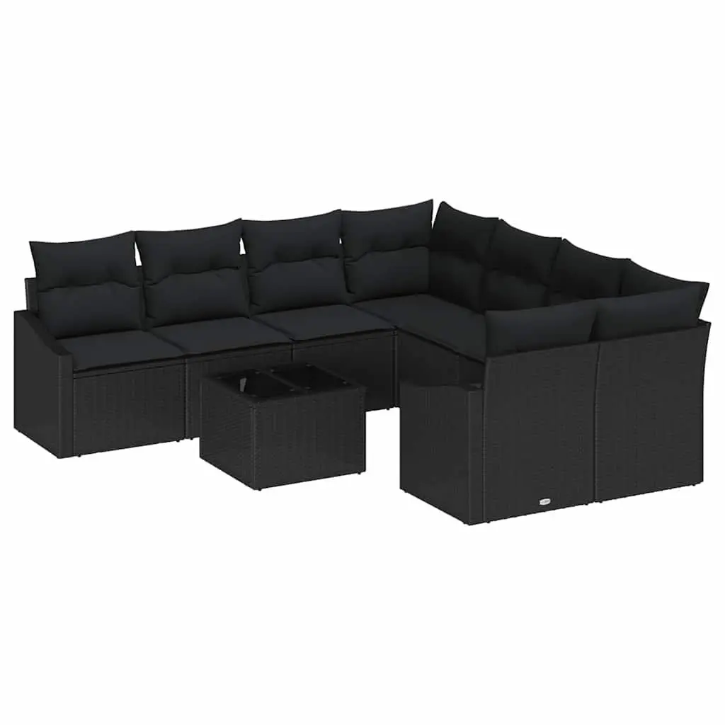 9-Piece Black Poly Rattan Outdoor Sofa Set