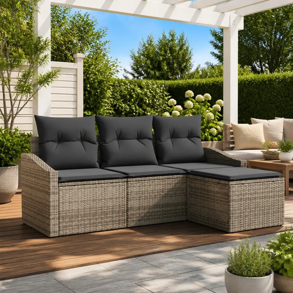 Grey Poly Rattan 4-Piece Outdoor Sofa Set with Adjustable Table