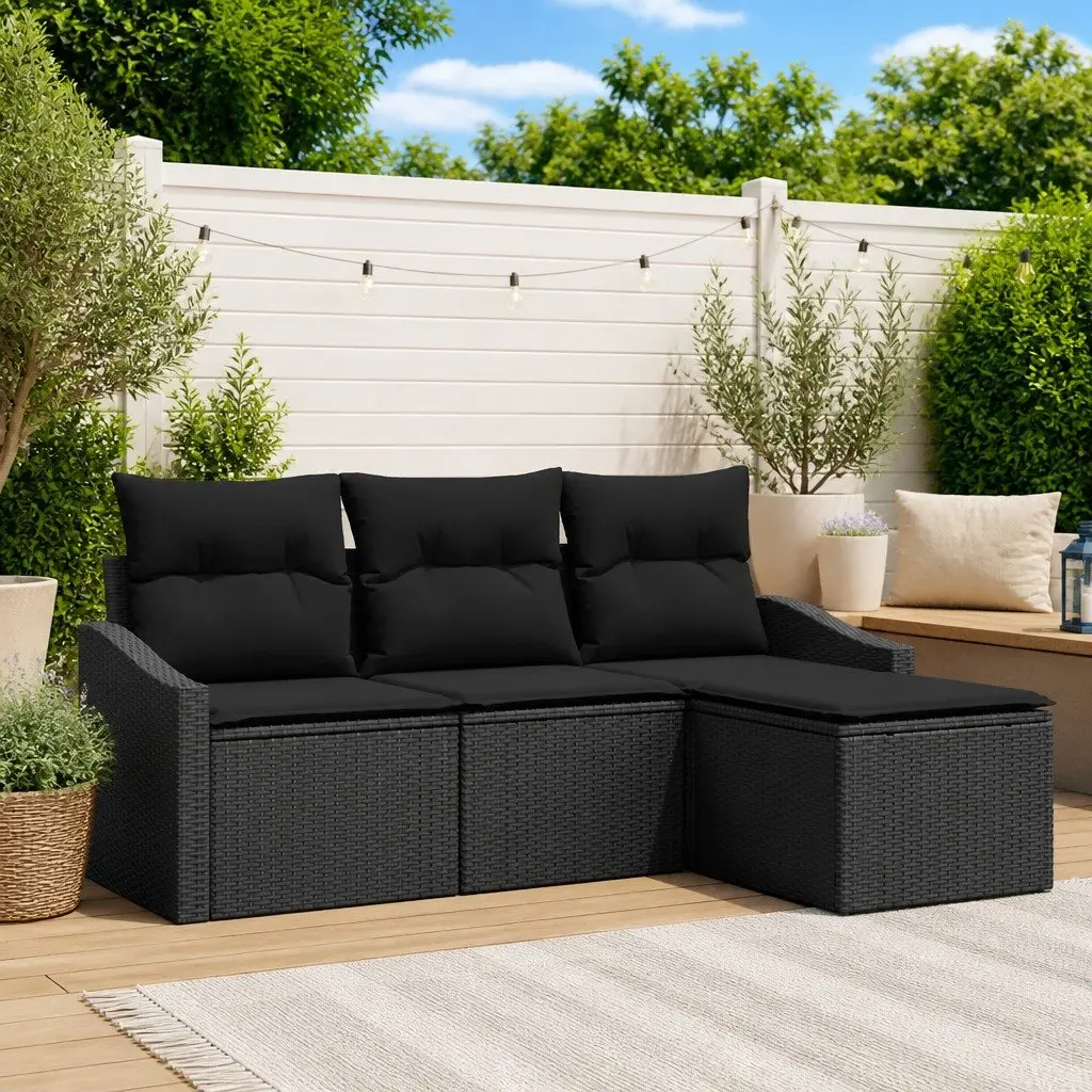 4 Piece Black Poly Rattan Outdoor Sofa Set