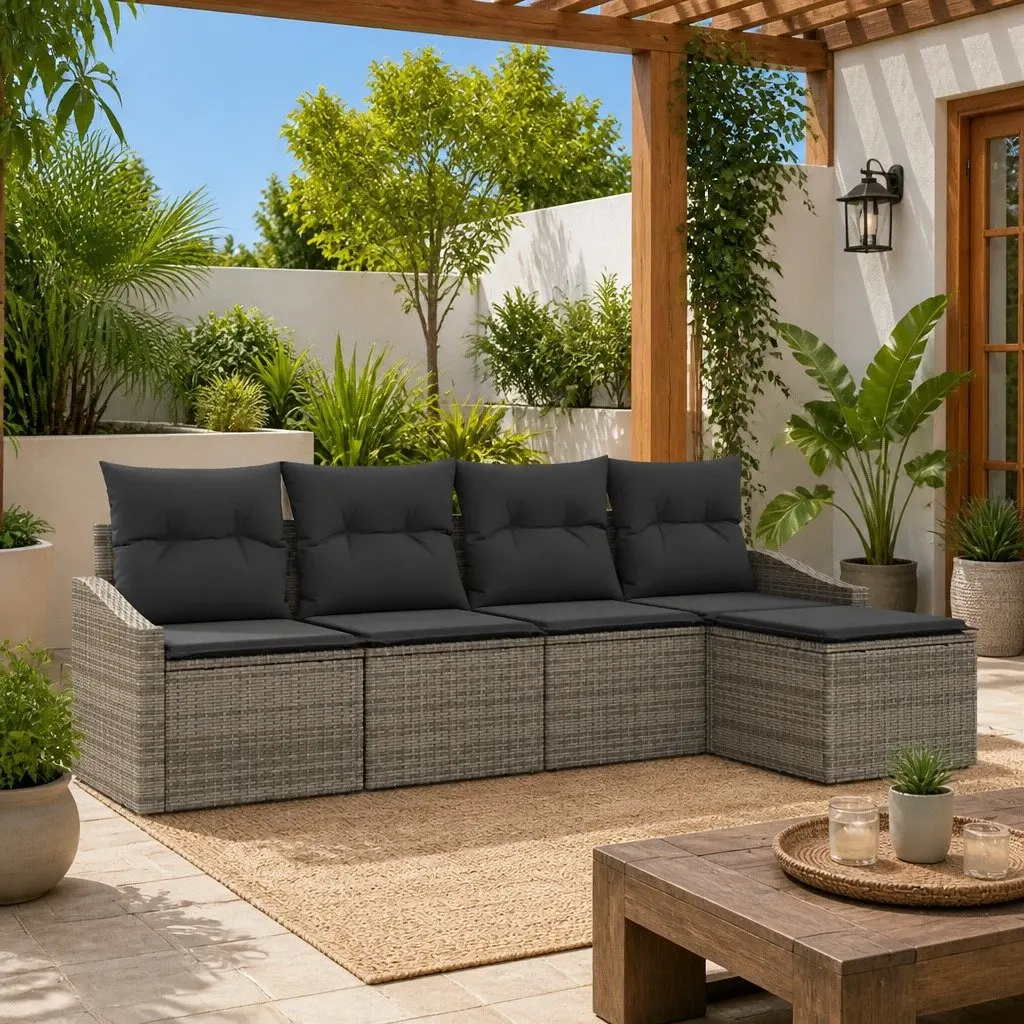 5-Piece Grey Poly Rattan Outdoor Sofa Set