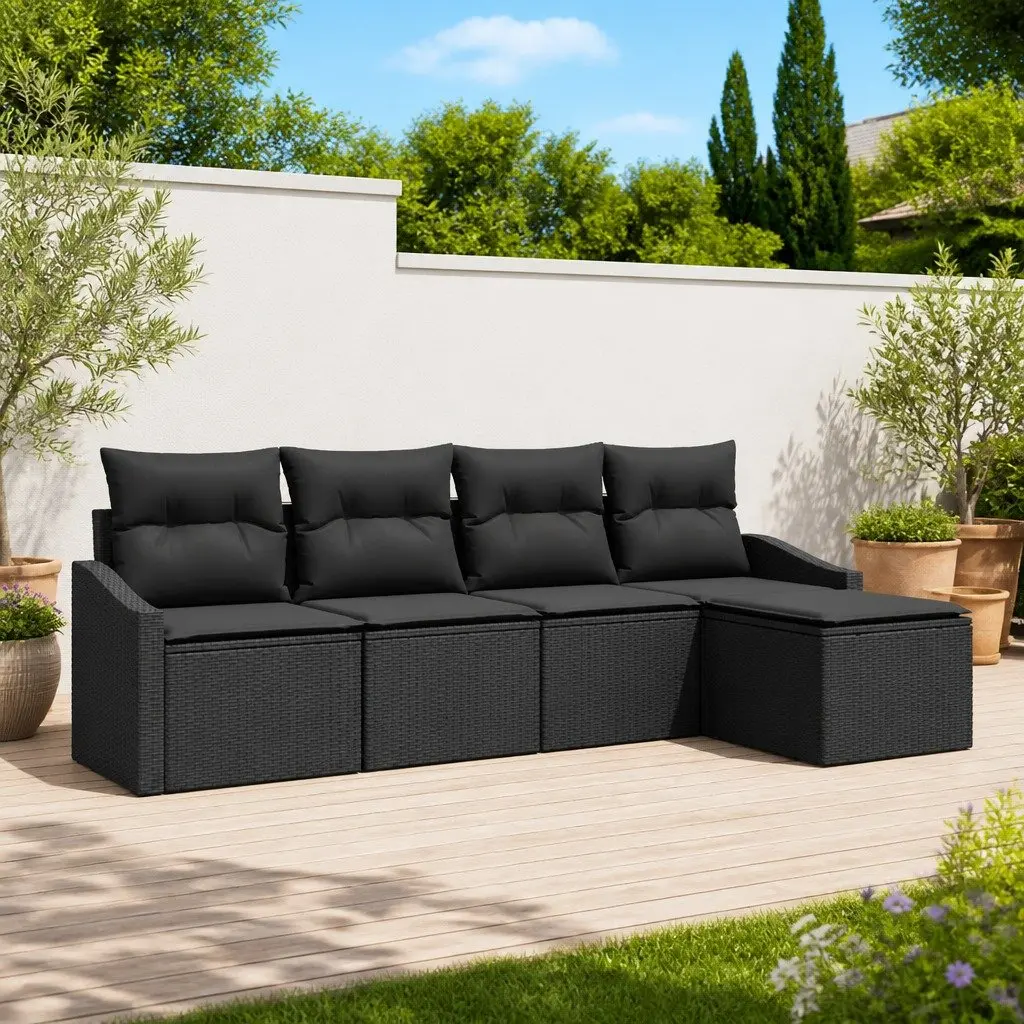 5-Piece Outdoor Sofa Set with Cushions in Black Poly Rattan