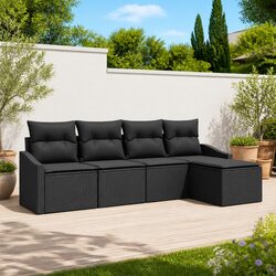 5-Piece Outdoor Sofa Set with Cushions in Black Poly Rattan