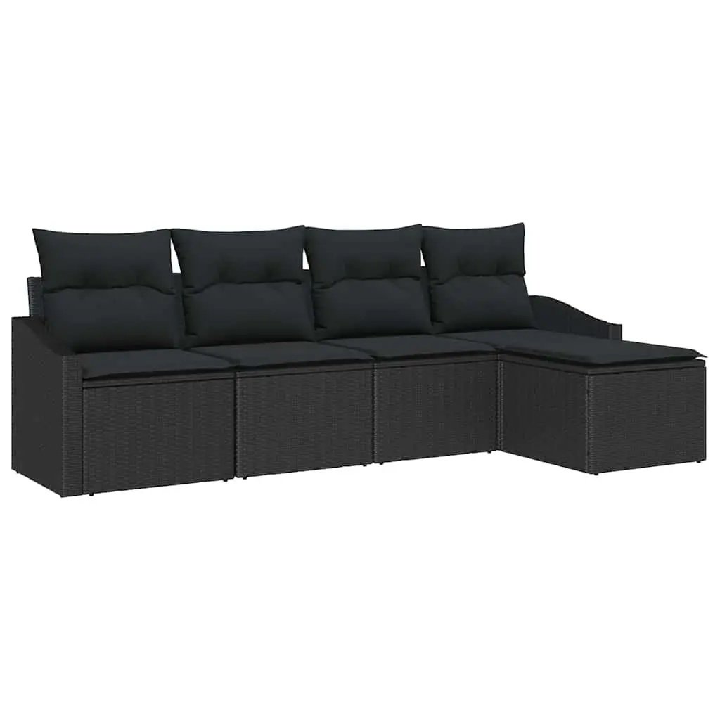 5-Piece Outdoor Sofa Set with Cushions in Black Poly Rattan