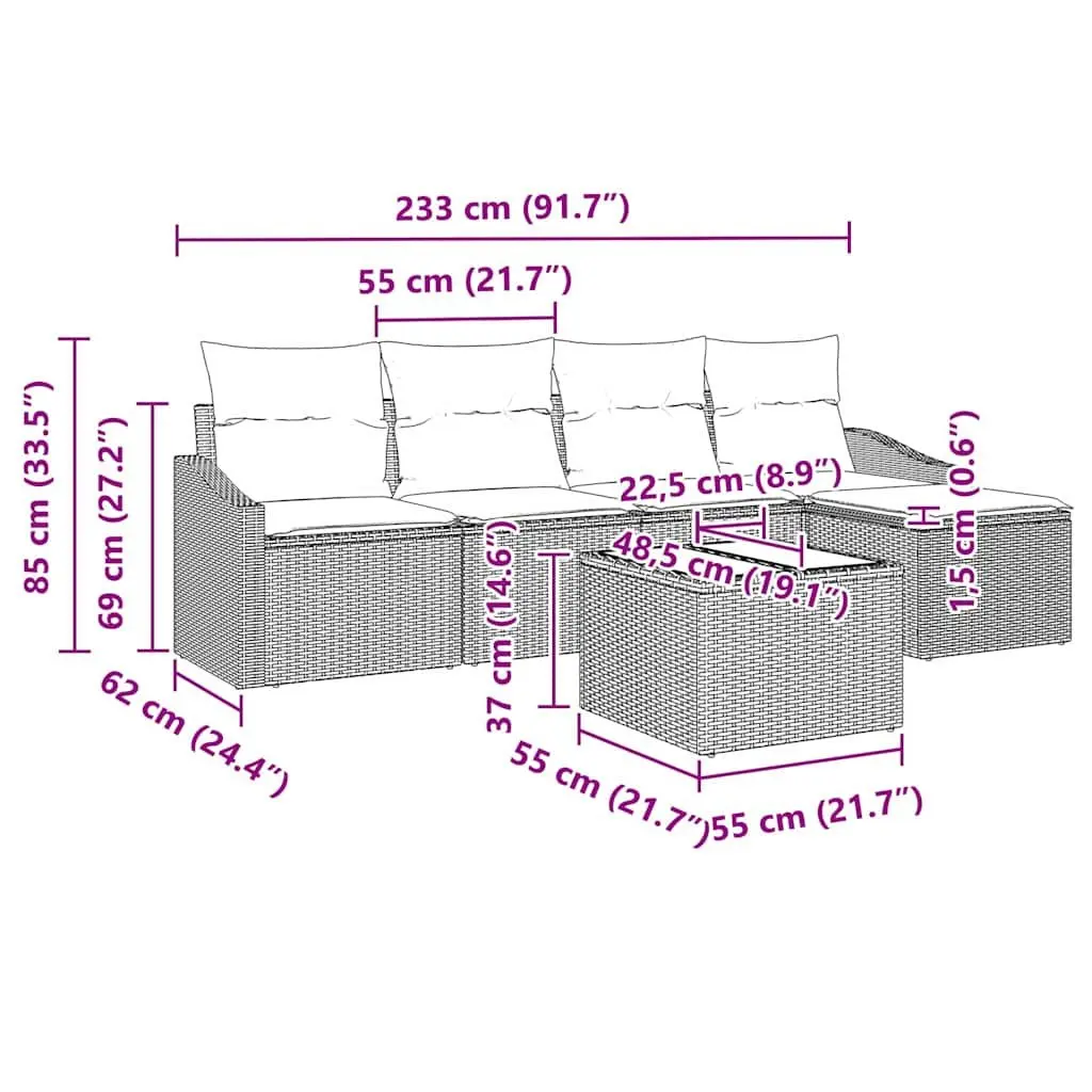 6-Piece Grey Outdoor Sofa Set with Cushions