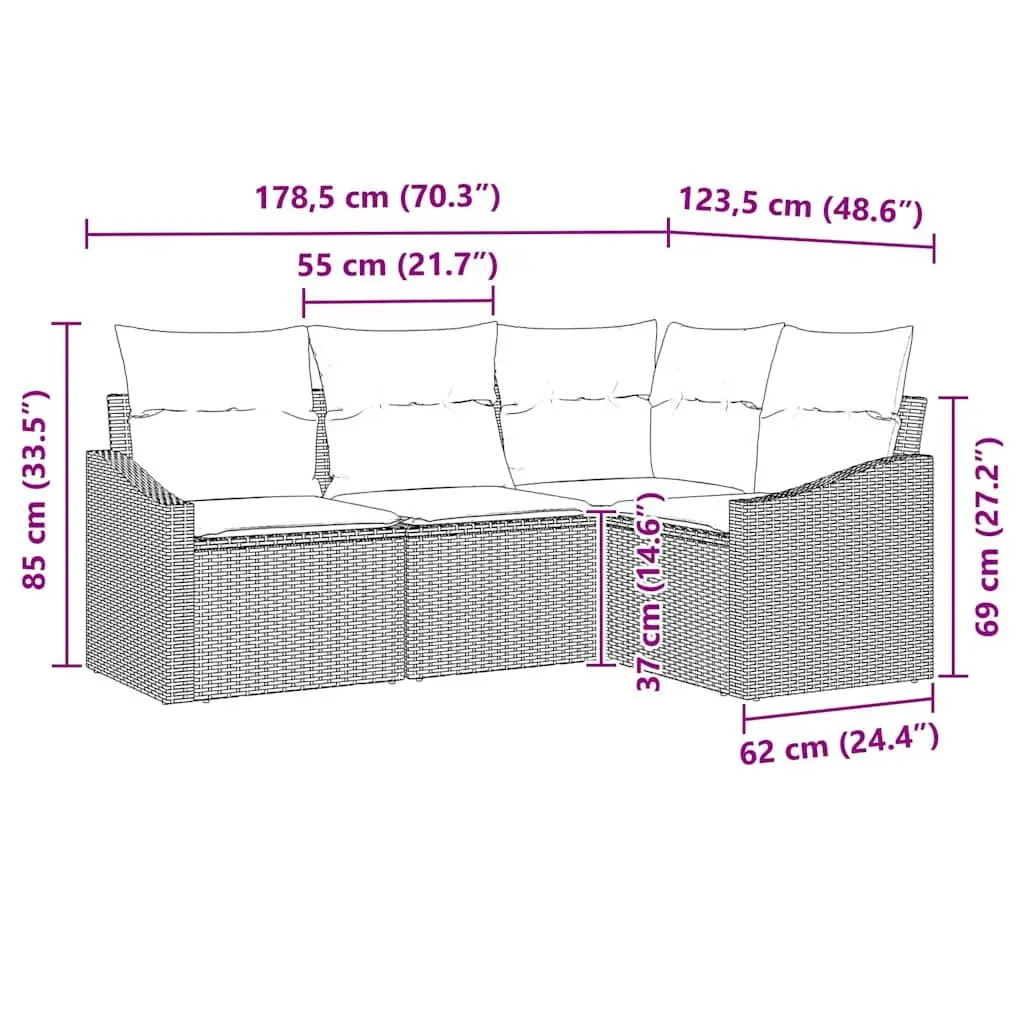 Outdoor Sofa Set Poly Rattan 4 Pieces Black
