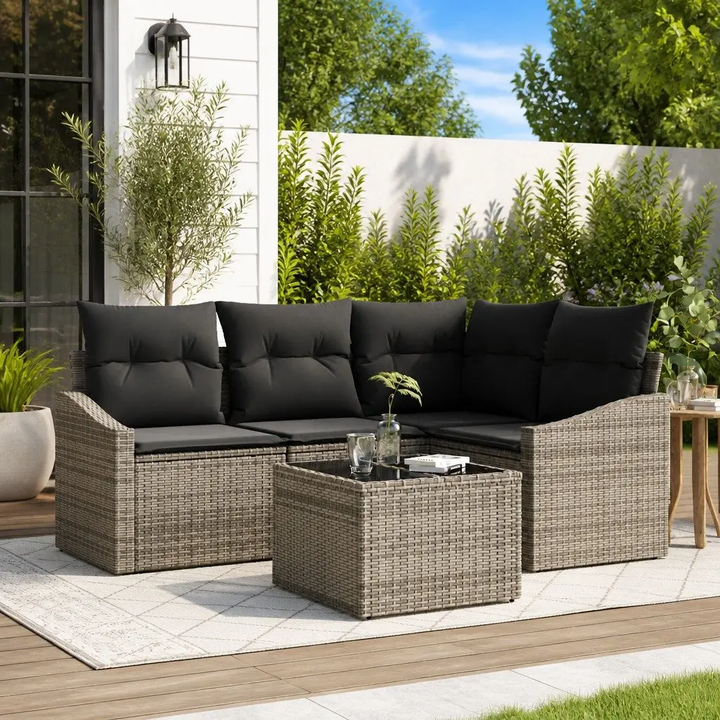 5-Piece Grey Poly Rattan Outdoor Sofa Set