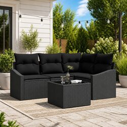 5 Piece Black Poly Rattan Outdoor Sofa Set for Garden