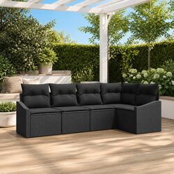 5 Piece Black Garden Sofa Set with Cushions