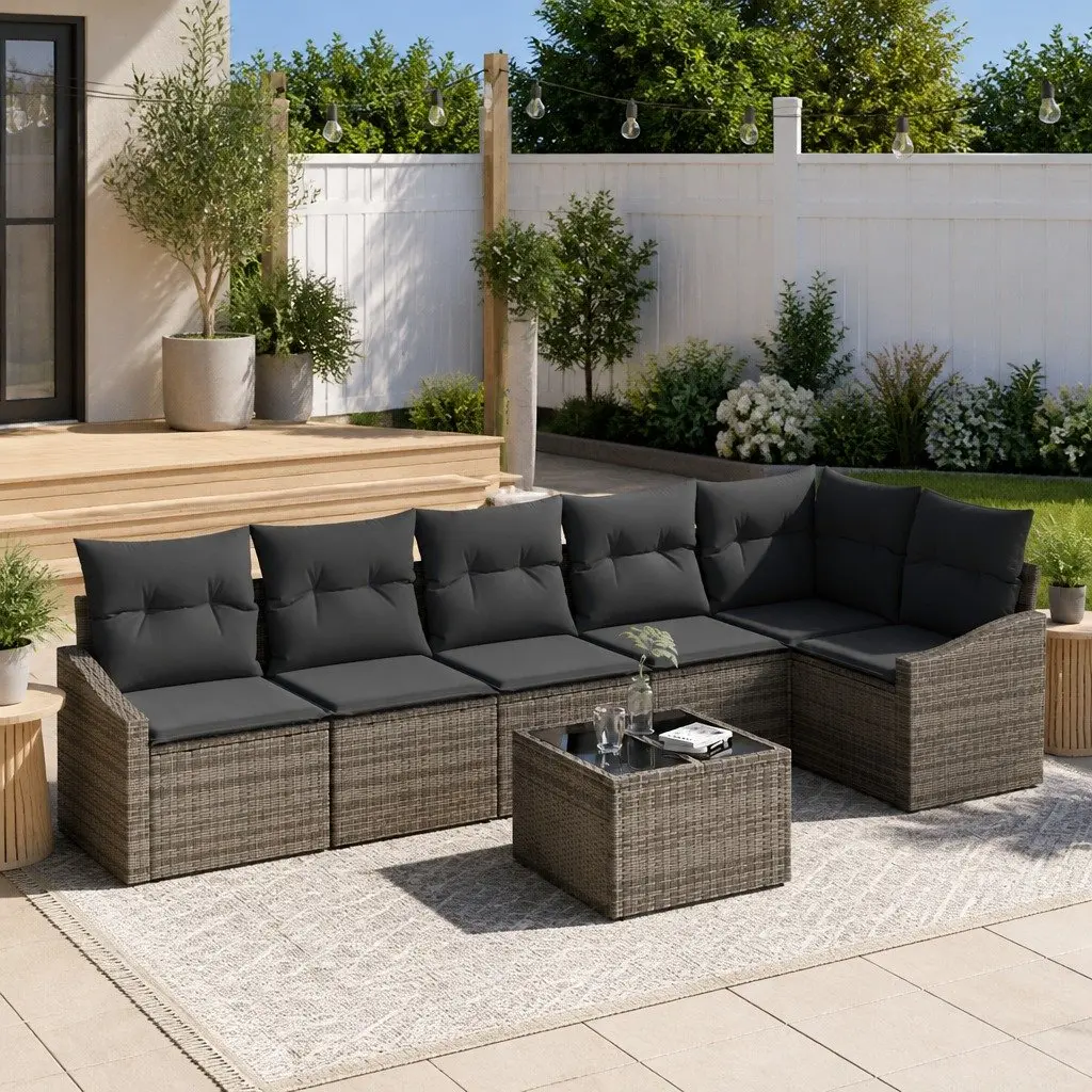 7-Piece Grey Poly Rattan Outdoor Sofa Set