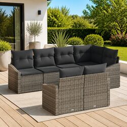 7-Piece Grey Poly Rattan Outdoor Sofa Set with Table