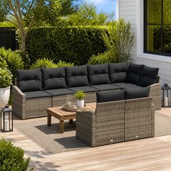 8-Piece Grey Poly Rattan Outdoor Sofa Set with Cushions