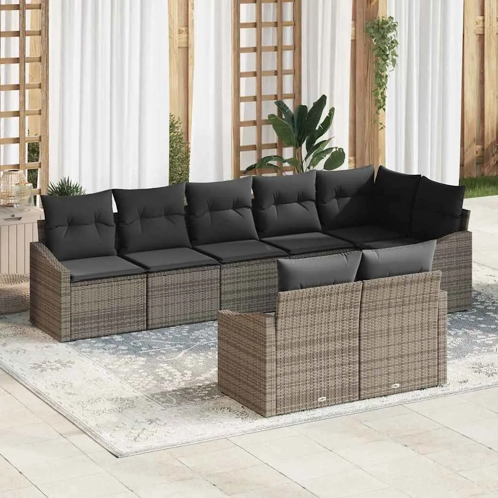 8-Piece Grey Poly Rattan Outdoor Sofa Set with Cushions