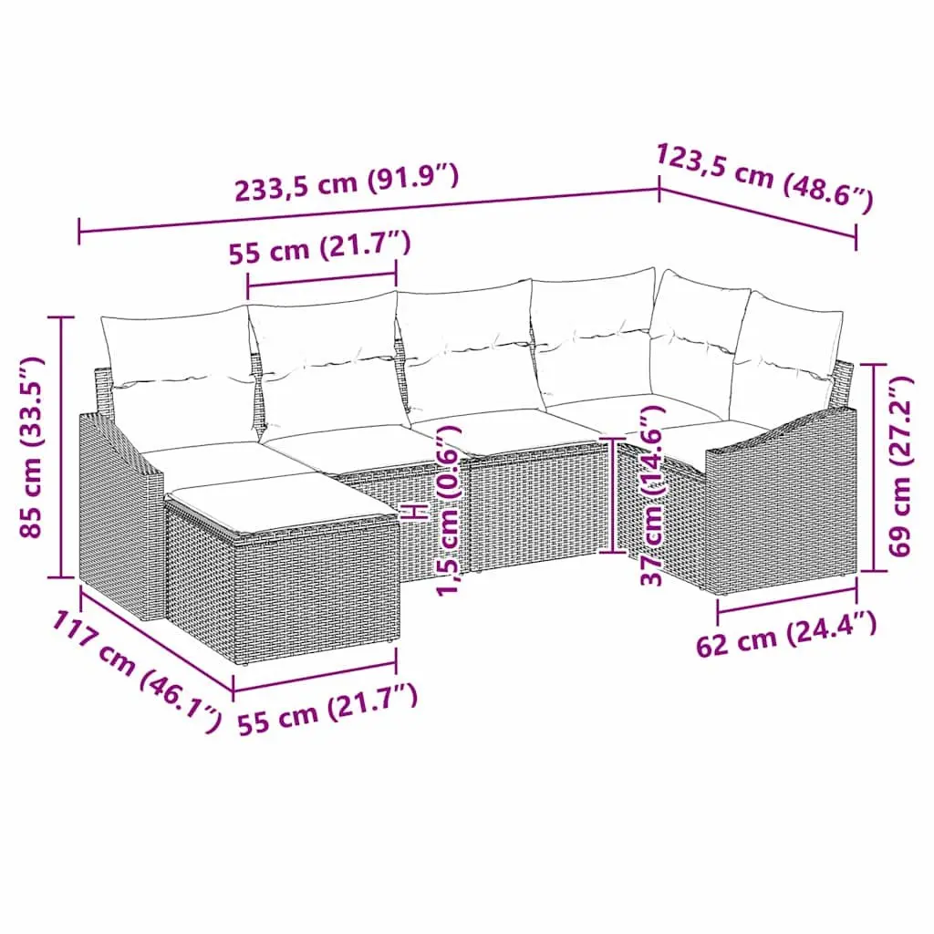 6-Piece Grey Modular Outdoor Sofa Set with Adjustable Table