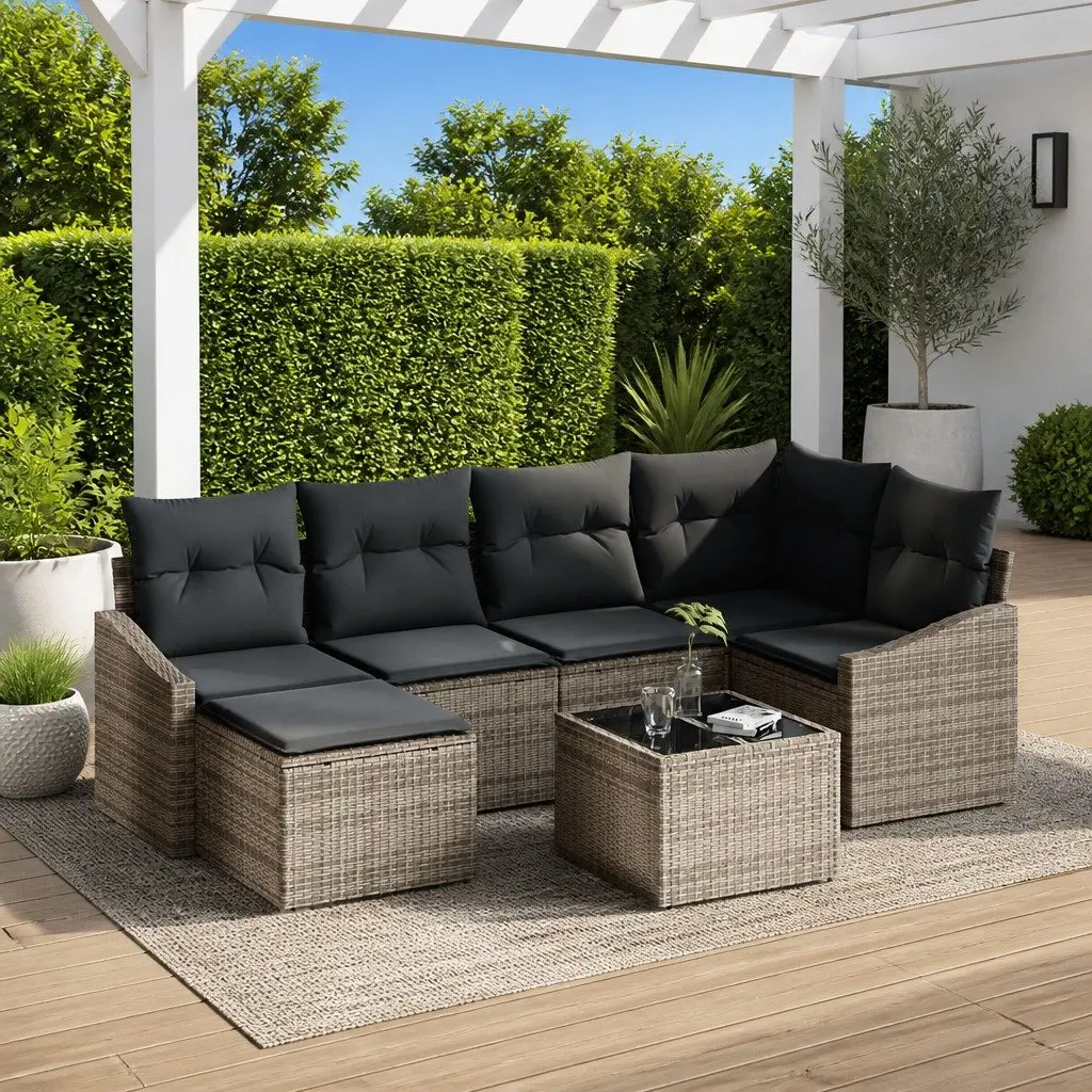 7-Piece Grey Poly Rattan Outdoor Sofa Set for Patios