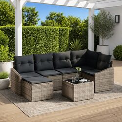 7-Piece Grey Poly Rattan Outdoor Sofa Set for Patios