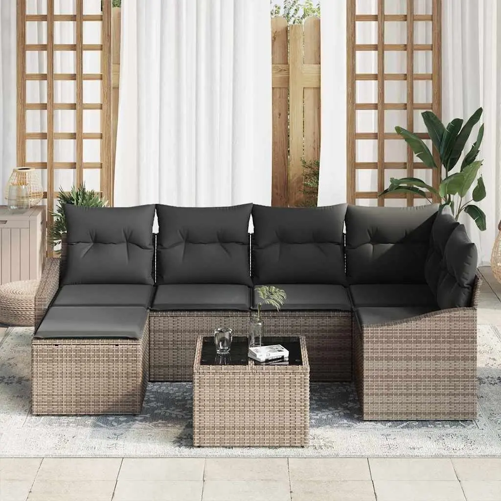 7-Piece Grey Poly Rattan Outdoor Sofa Set for Patios
