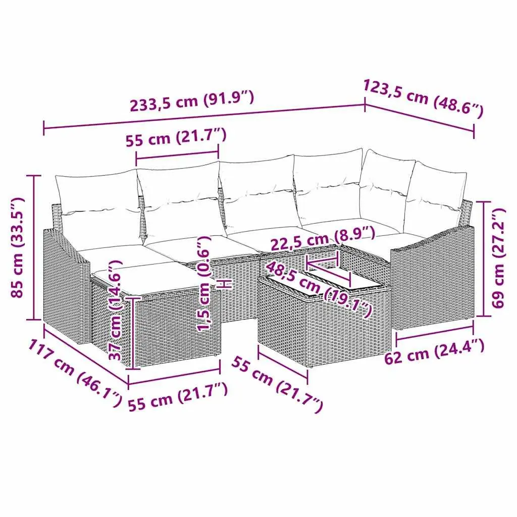 7-Piece Grey Poly Rattan Outdoor Sofa Set for Patios