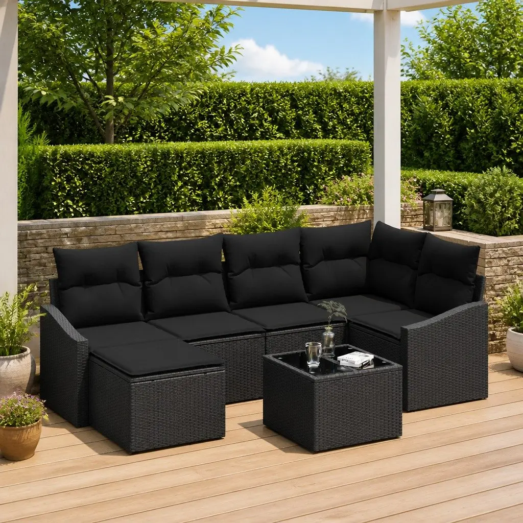Outdoor Sofa Set Poly Rattan 7 Pieces Black Garden Patio Furniture Modular