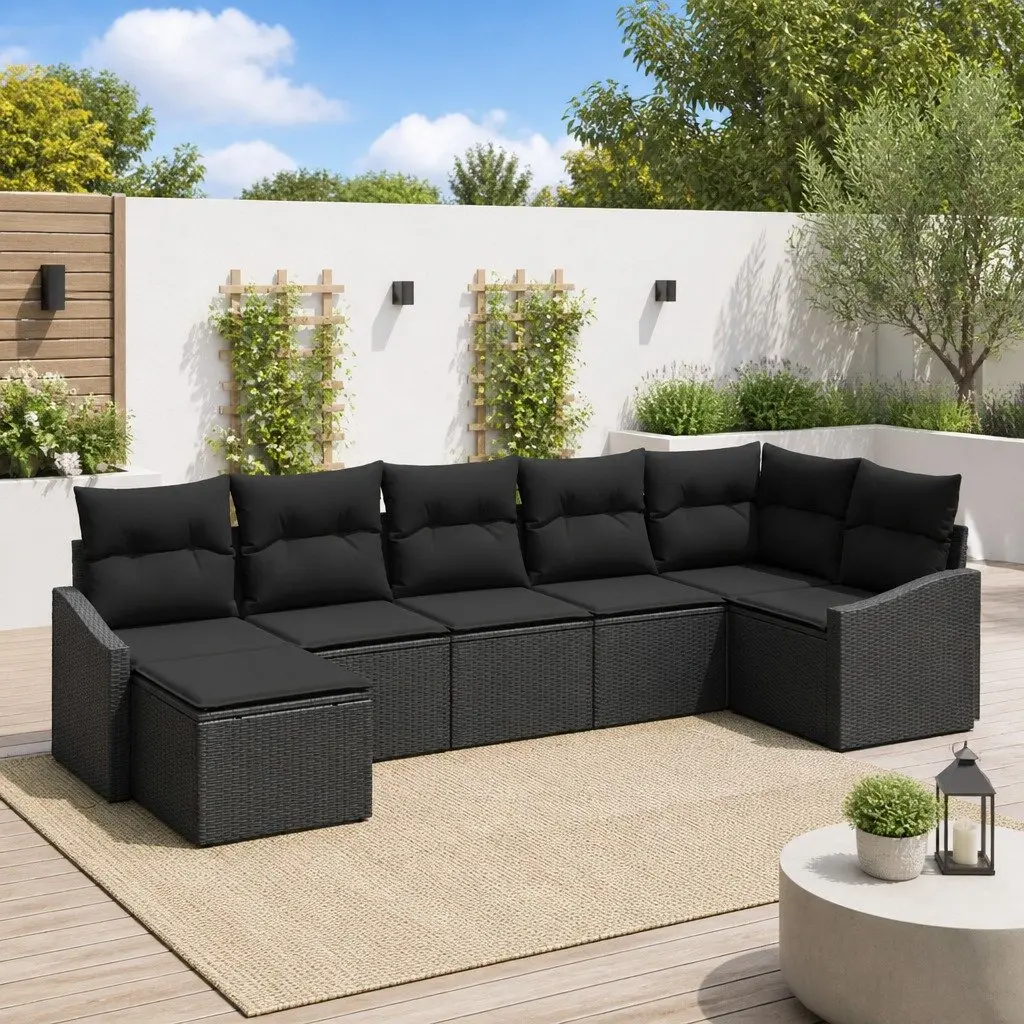 7-Piece Black Poly Rattan Outdoor Sofa Set