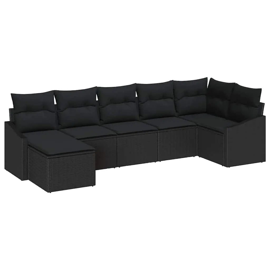 7-Piece Black Poly Rattan Outdoor Sofa Set