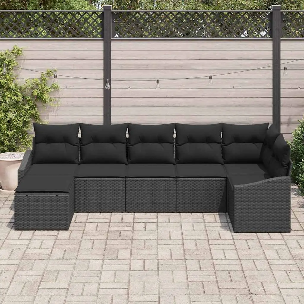 7-Piece Black Poly Rattan Outdoor Sofa Set
