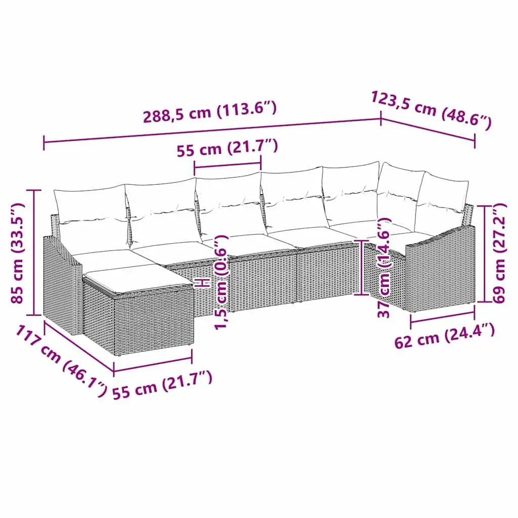 7-Piece Black Poly Rattan Outdoor Sofa Set