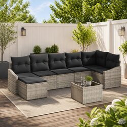 8-Piece Grey Poly Rattan Outdoor Sofa Set with Cushions