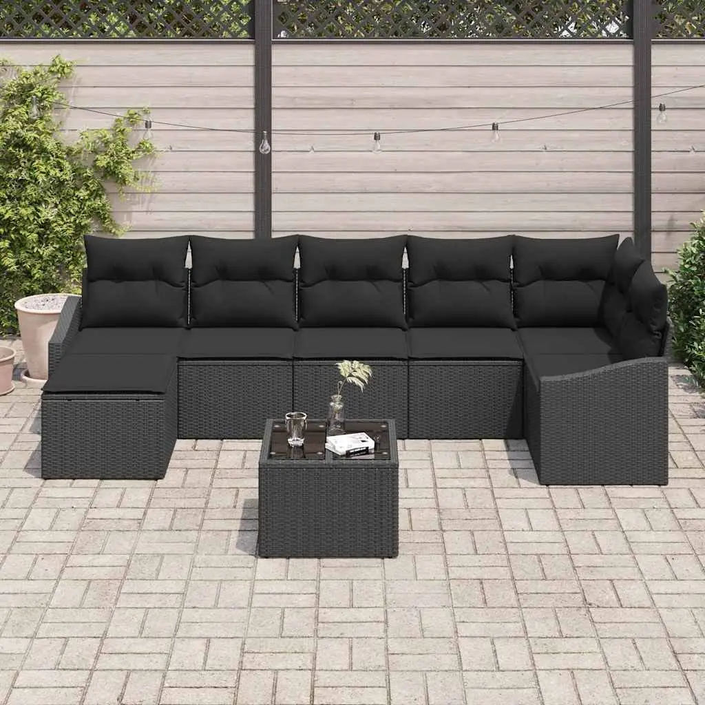 8-Piece Black Poly Rattan Outdoor Sofa Set