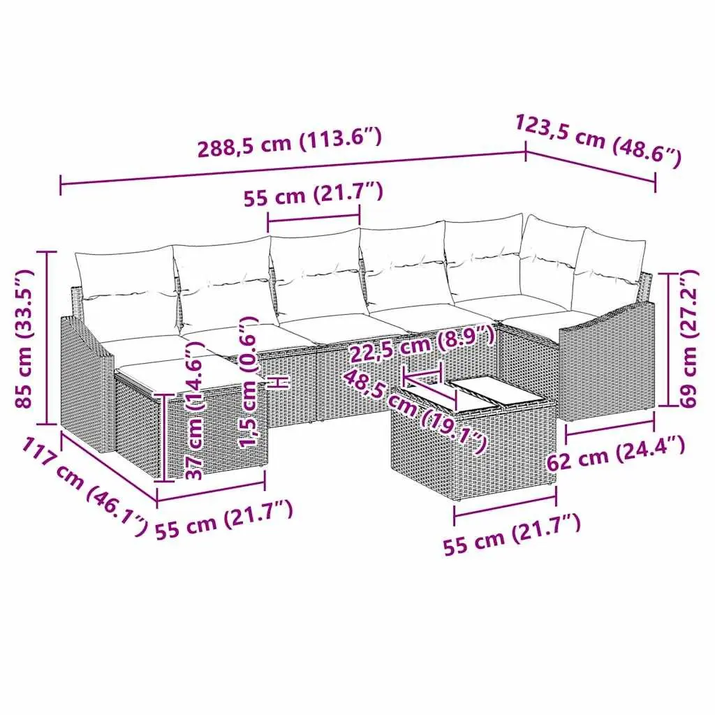 8-Piece Black Poly Rattan Outdoor Sofa Set