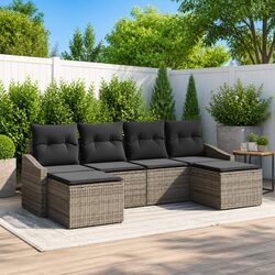 6-Piece Grey Poly Rattan Outdoor Sofa Set with Cushions
