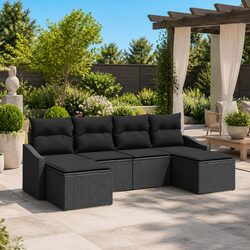 Black Poly Rattan 6-Piece Outdoor Sofa Set with Cushions