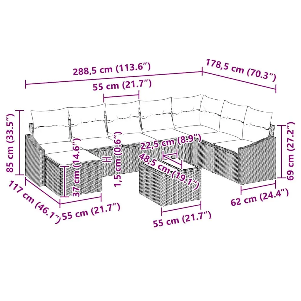Grey Poly Rattan 9-Piece Outdoor Sofa Set
