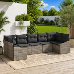 7-Piece Grey Poly Rattan Outdoor Sofa Set with Cushions