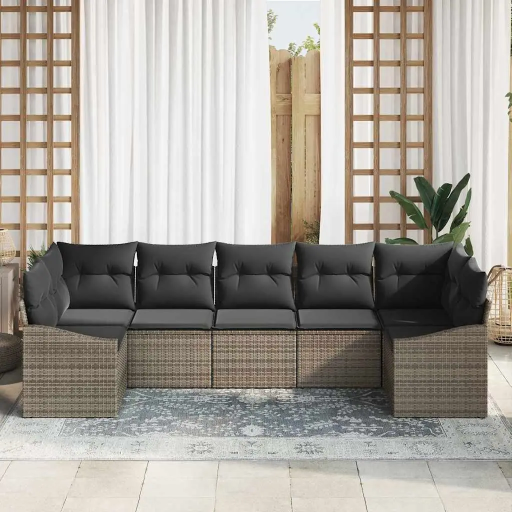 Outdoor Sofa Set Poly Rattan 7 Pieces Grey Garden Furniture with Cushions