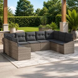 9-Piece Grey Poly Rattan Outdoor Sofa Set