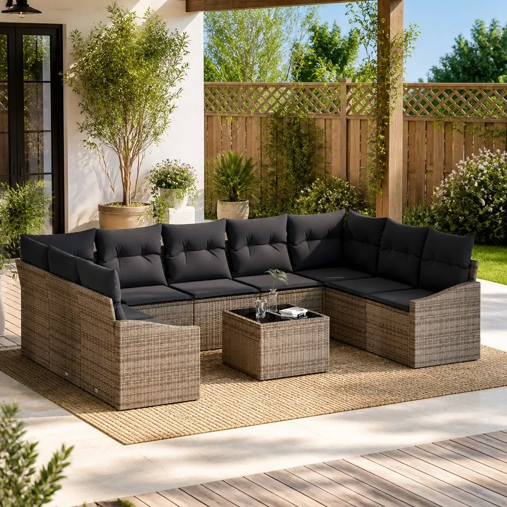 10-Piece Grey Poly Rattan Garden Sofa Set