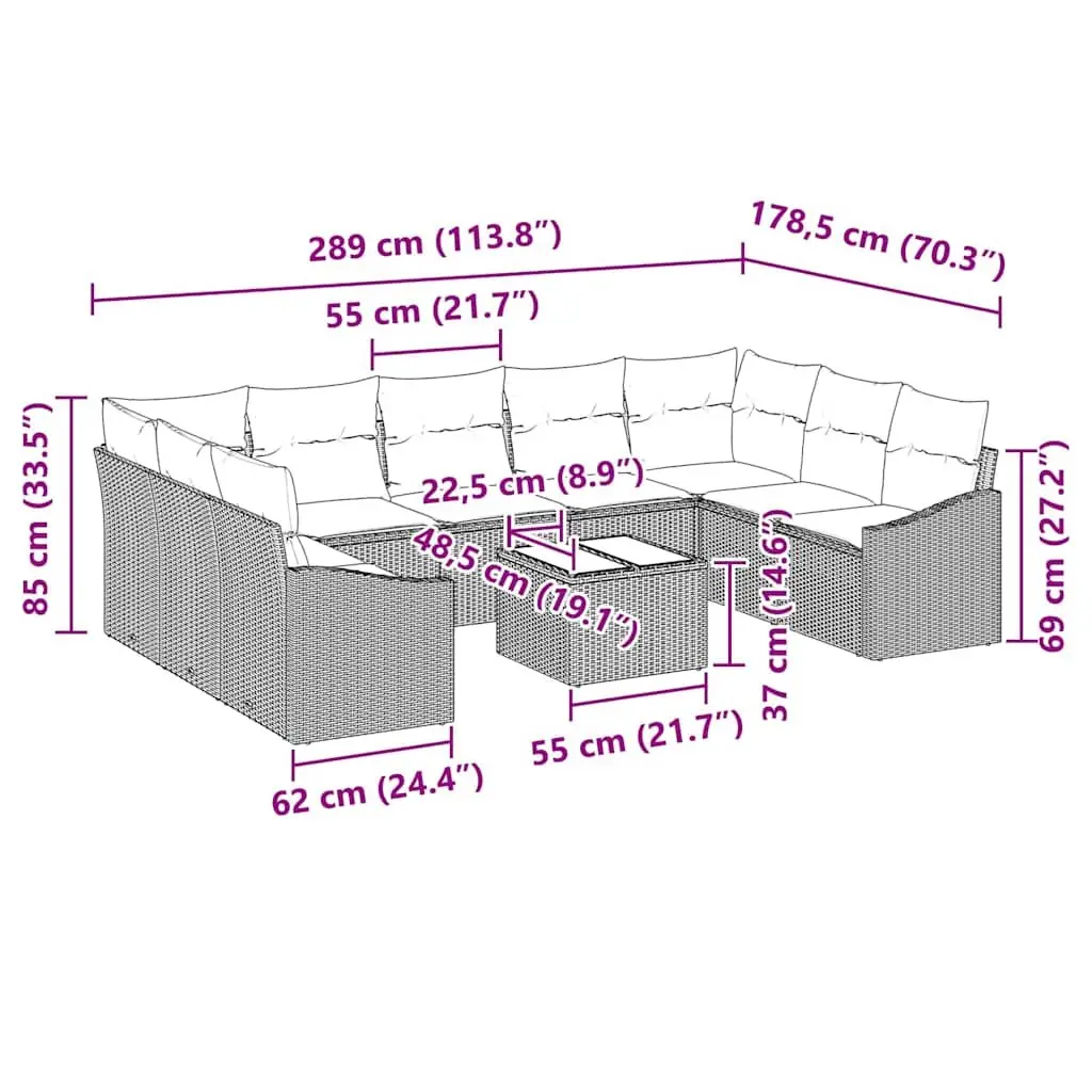 10-Piece Grey Poly Rattan Garden Sofa Set