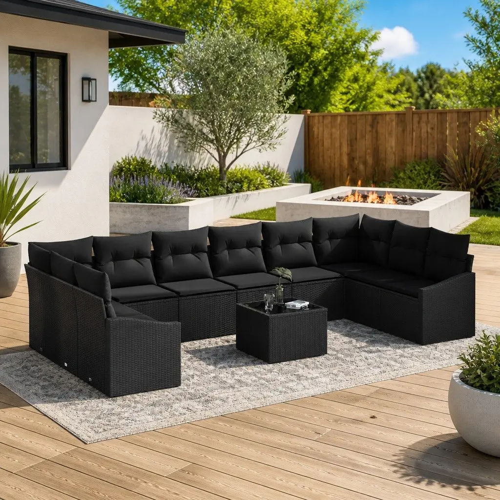 11-Piece Black Poly Rattan Sofa Set