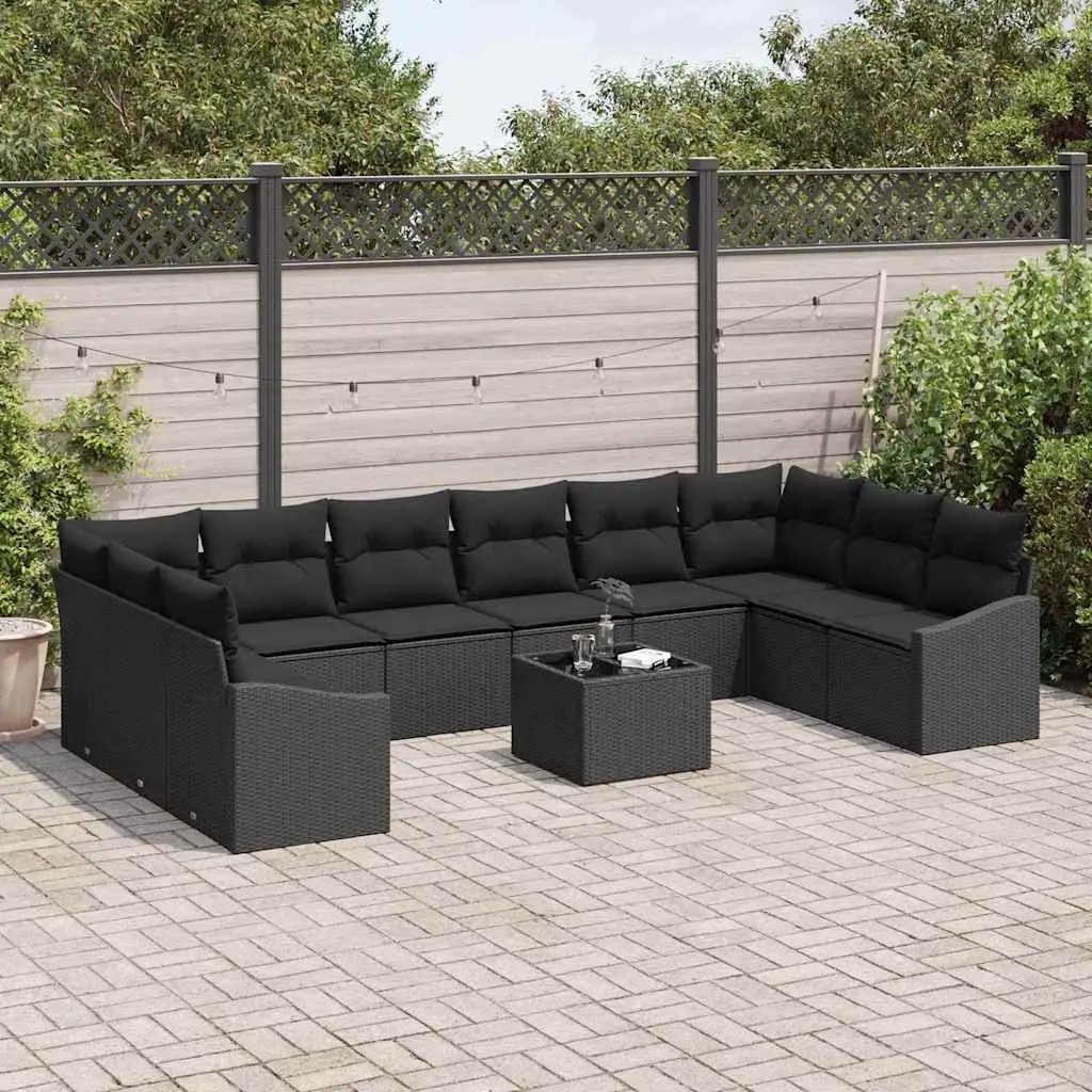 11-Piece Black Poly Rattan Sofa Set