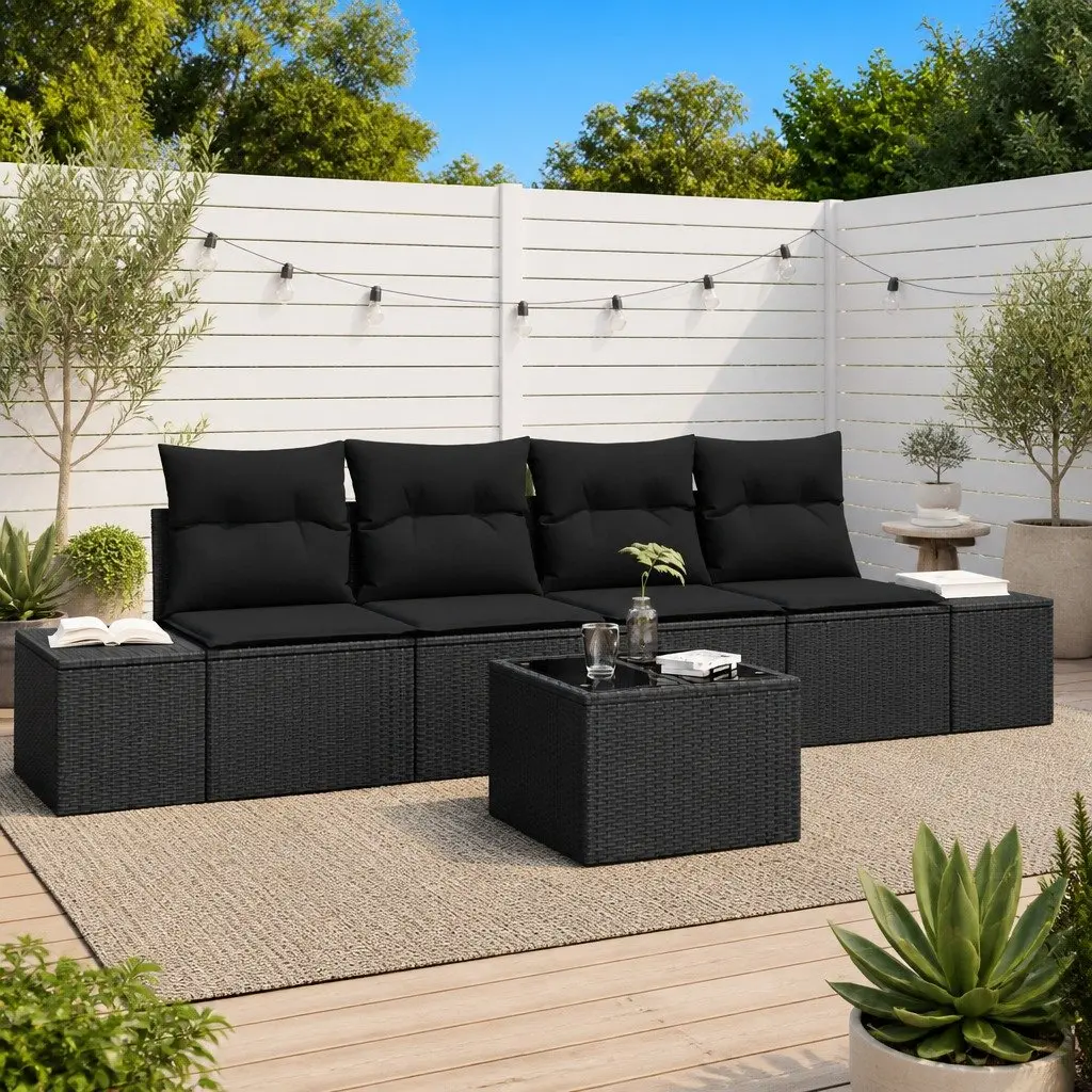 Outdoor Sofa Set Poly Rattan 5 Pieces Black with Cushions