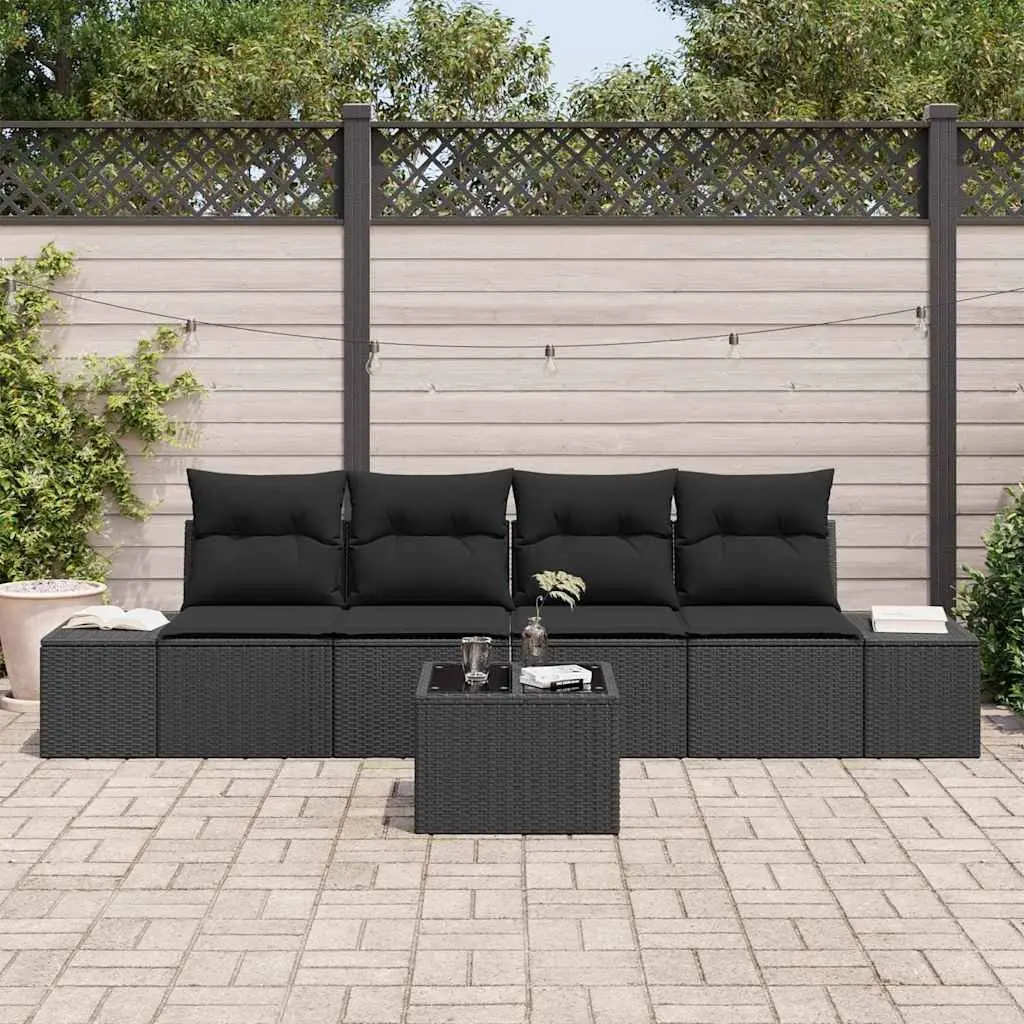 Outdoor Sofa Set Poly Rattan 5 Pieces Black with Cushions
