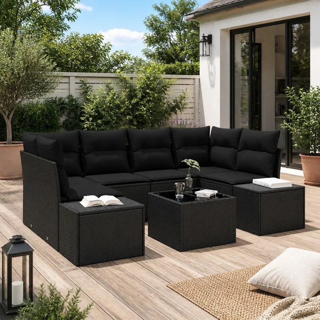 Garden Sofa Set Poly Rattan 7 Piece Outdoor Furniture Black with Cushions