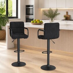 Height Adjustable Black Velvet Bar Stools 2-Pack