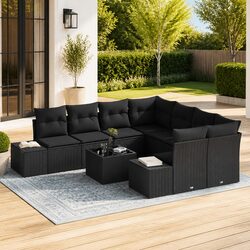 Stylish Black Poly Rattan 9-Piece Garden Sofa Set