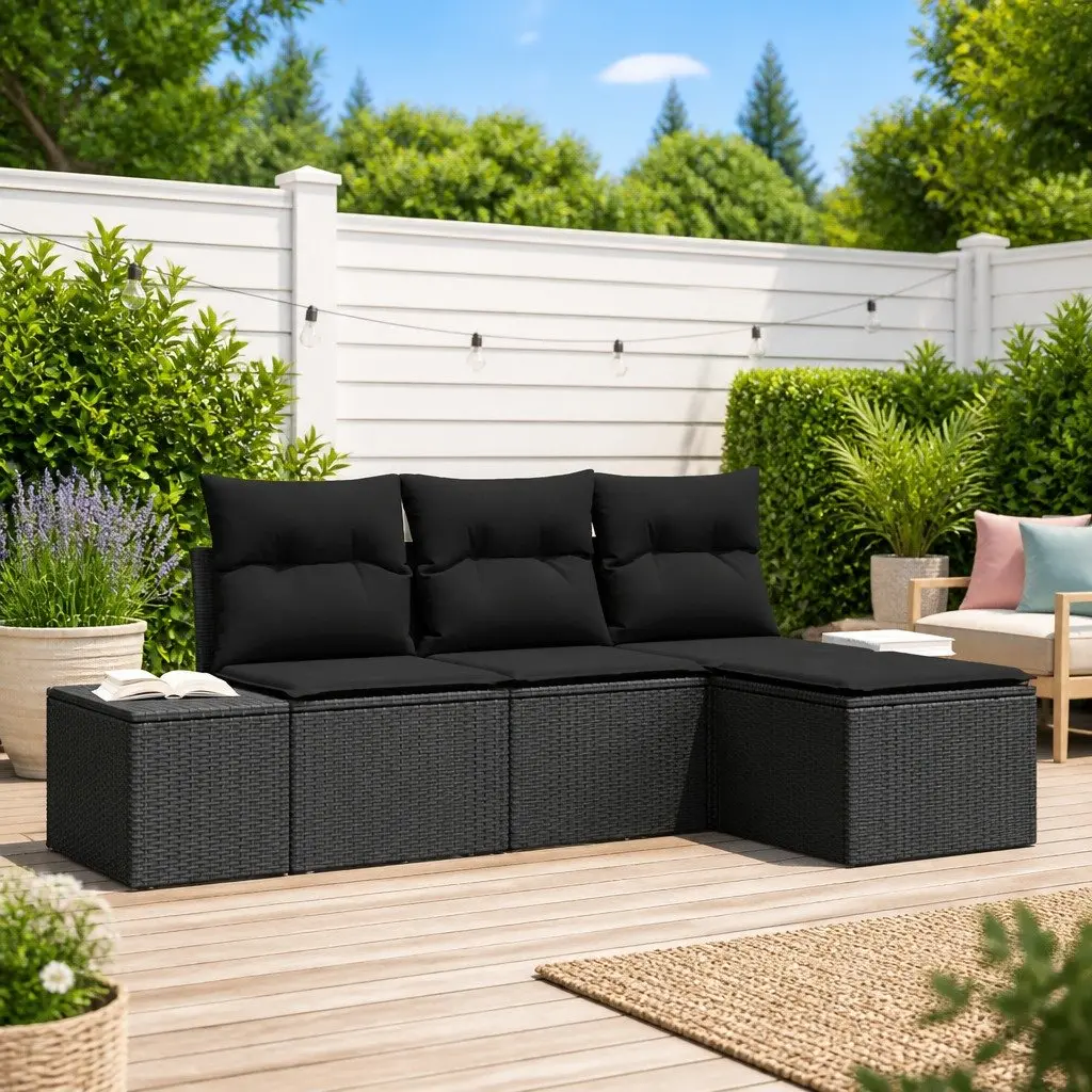 Garden Sofa Set Poly Rattan 4 Piece Black Outdoor Furniture Modular with Cushion
