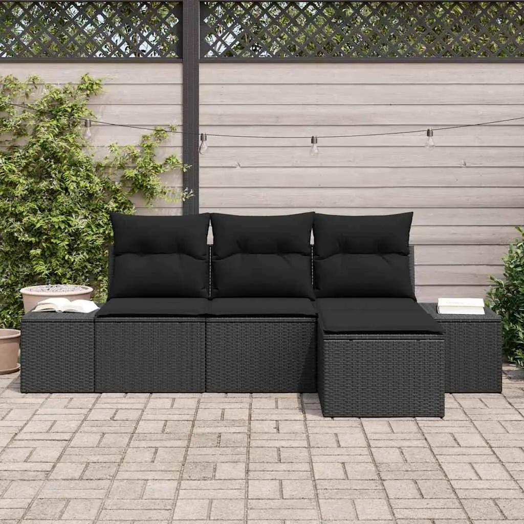 Garden Sofa Set Poly Rattan 4 Piece Black Outdoor Furniture Modular with Cushion