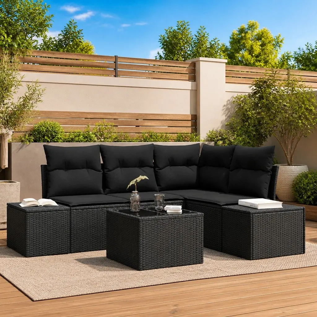 5 Piece Modular Black Poly Rattan Outdoor Sofa Set